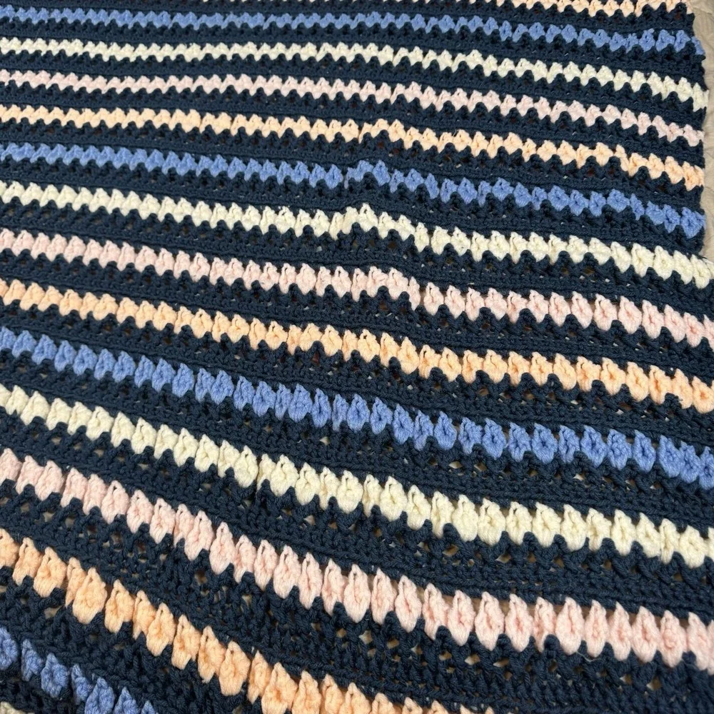 Vtg Colorful Fringe Bobble Crochet Knit Heavy Blanket Afghan 76